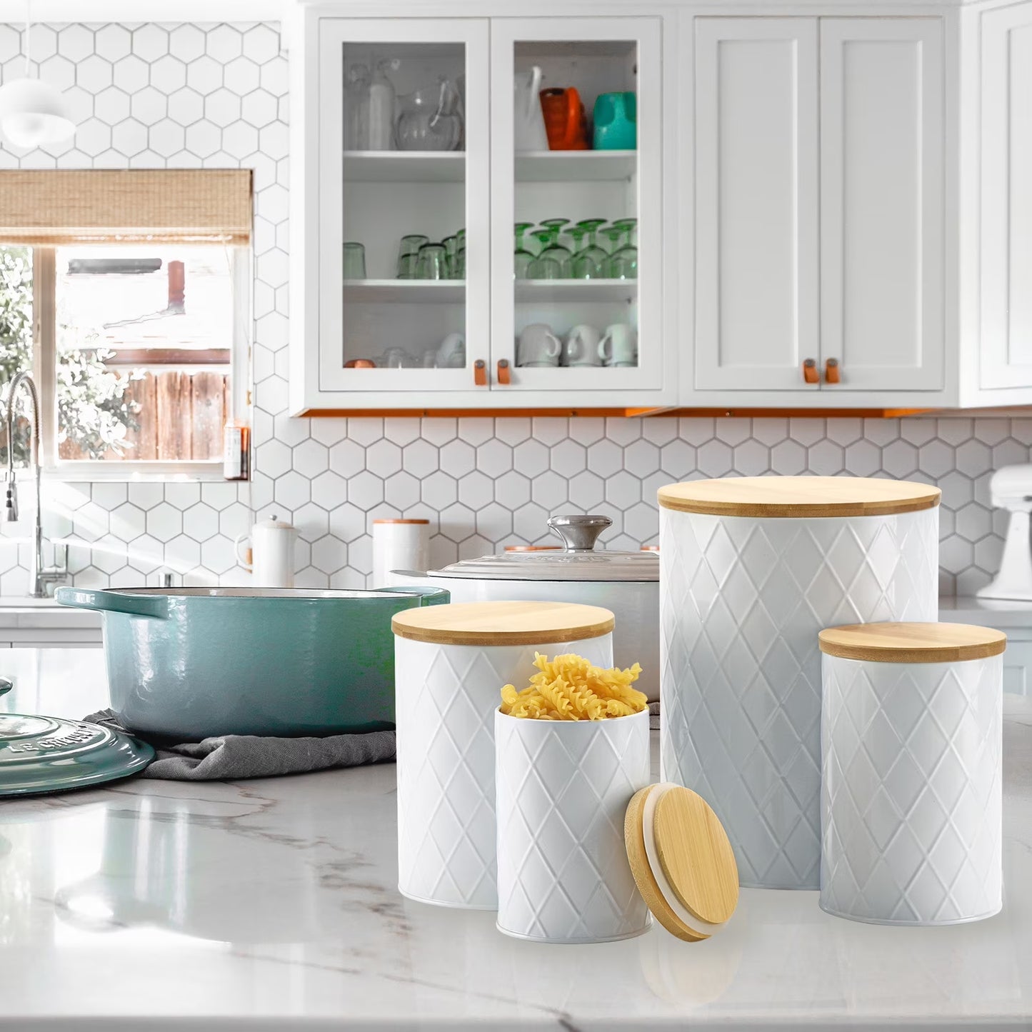 White Kitchen Canisters Set with Wooden Lids, Airtight Sugar, Flour, Coffee, Cookie Storage Canister Sets for Kitchen Countertop, 4 Pack