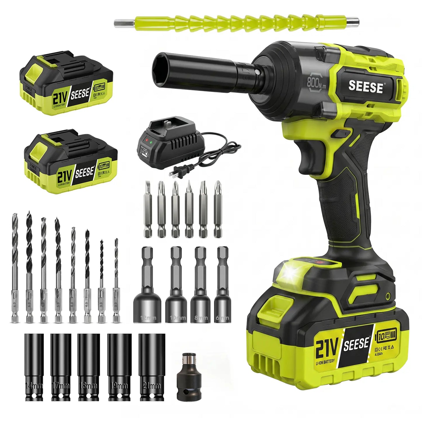 【Dealsforyoudays】Seese 3 in 1 Cordless Impact Wrench 590 Ft-Lbs(800N.M) 3200IPM 1/2 Impact Gun High Torque Electric Impact Driver Cordless Impact Wrench with 21V 2 X4.0Ah Battery ,LED Light,9 Sockets,8 Drills,6 Screws & Case for Homecar Tire Lug Nut Fathe