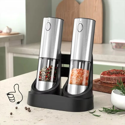 Electric Salt Pepper Grinder Set with Base USB Rechargeable Adjustable Coarseness Automatic Spice Grinders Cooking Accessories
