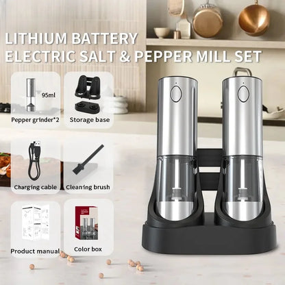 Electric Salt Pepper Grinder Set with Base USB Rechargeable Adjustable Coarseness Automatic Spice Grinders Cooking Accessories