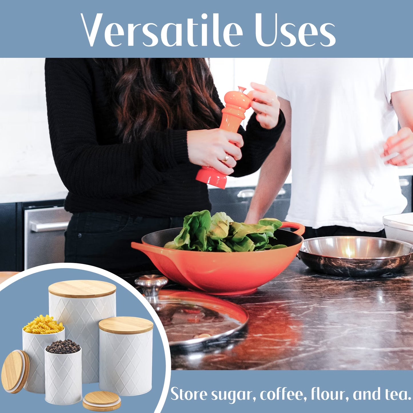 White Kitchen Canisters Set with Wooden Lids, Airtight Sugar, Flour, Coffee, Cookie Storage Canister Sets for Kitchen Countertop, 4 Pack