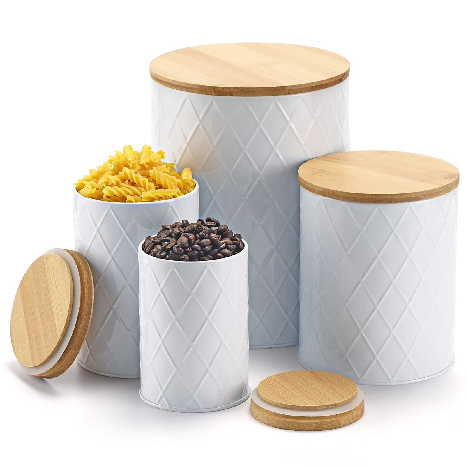 White Kitchen Canisters Set with Wooden Lids, Airtight Sugar, Flour, Coffee, Cookie Storage Canister Sets for Kitchen Countertop, 4 Pack